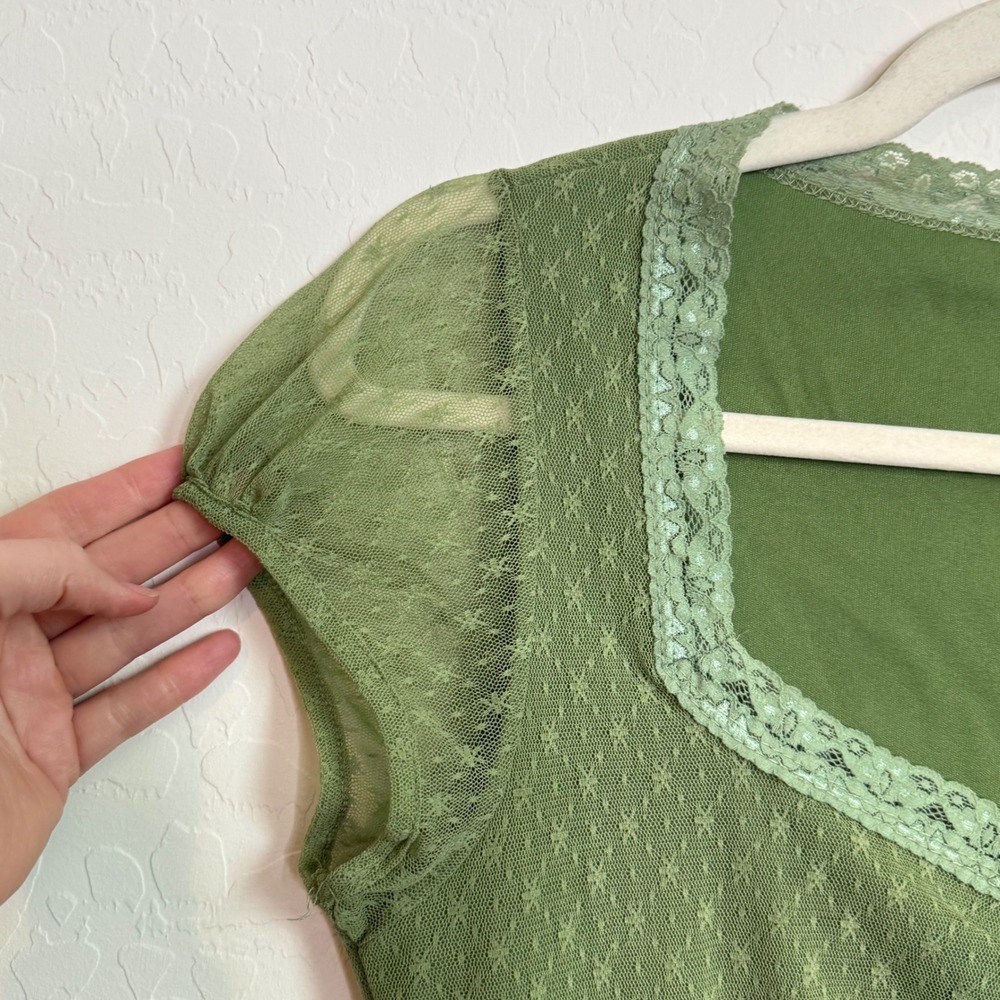 Y2K Romantic Olive Green Mesh Lace Sweetheart Floral Pointelle Top Boho Sz M - Picture 4 of 8